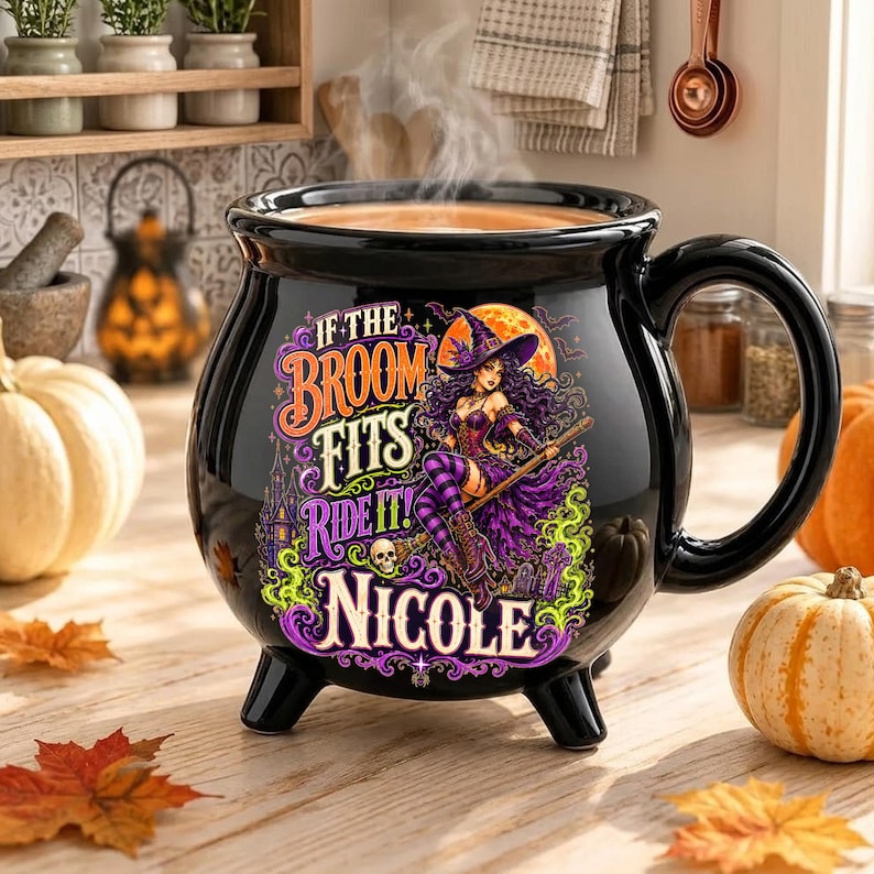 Personalized Witch Cauldron Mug, Custom Name Halloween Ceramic Cup, Funny Witchy Coffee Mug