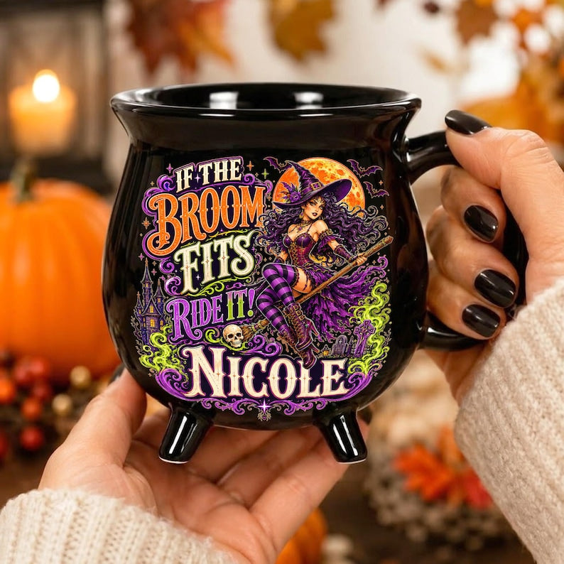 Personalized Witch Cauldron Mug, Custom Name Halloween Ceramic Cup, Funny Witchy Coffee Mug