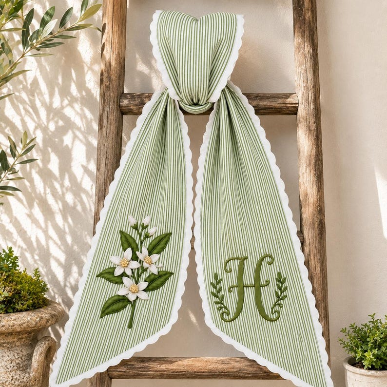 Personalized Wreath Sash, Embroidered Orange Blossom Bow, Custom Monogram Wreath Bow, Green Stripe Door Decor