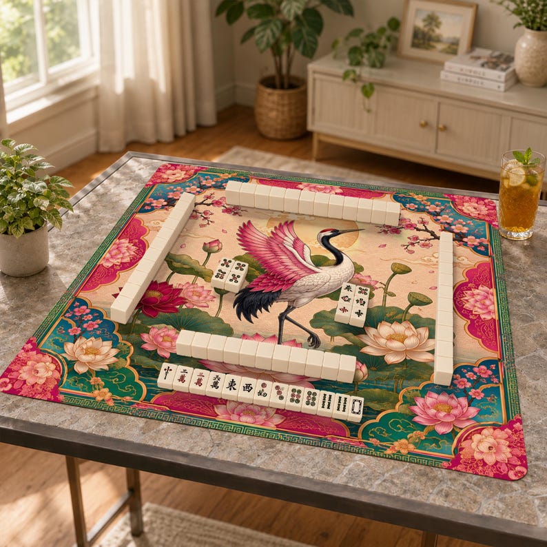 Personalized Crane Lotus Mahjong Mat, Asian Floral Game Table Runner Gift