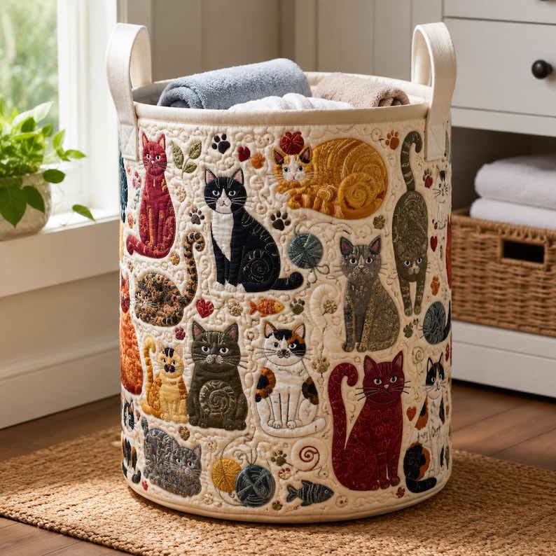 Quilted Cats Storage Basket, Cat Lover Laundry Hamper, Fabric Home Organization