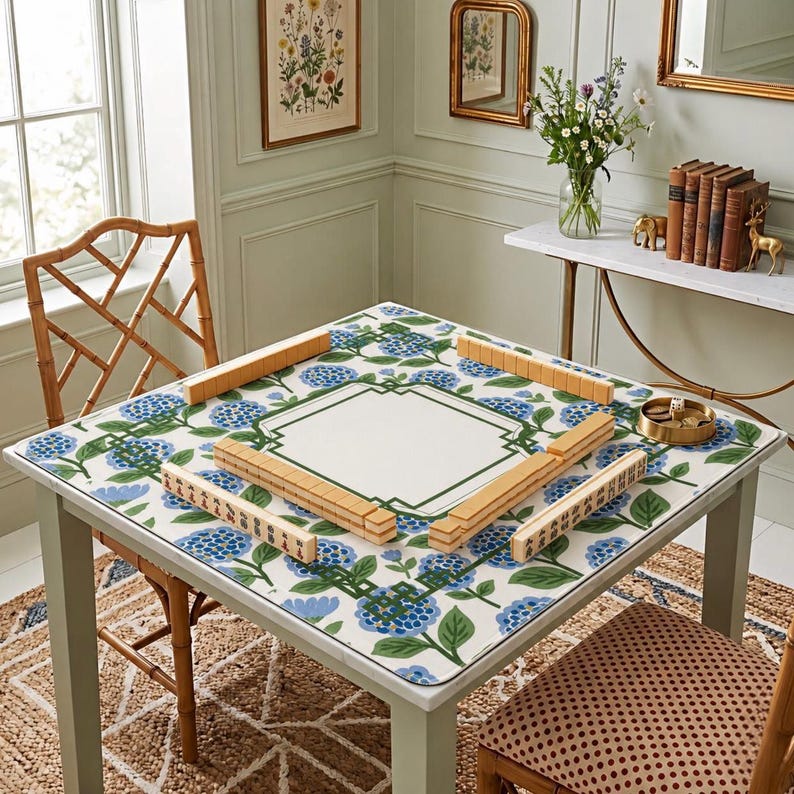 Botanical Mahjong Mat, Non-Slip Mahjong Playing Mat, American & Chinese Mahjong Table Accessory