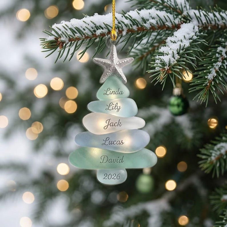Personalized Sea Glass Tree Ornament, Coastal Family Christmas Keepsake, Beach Holiday Decor