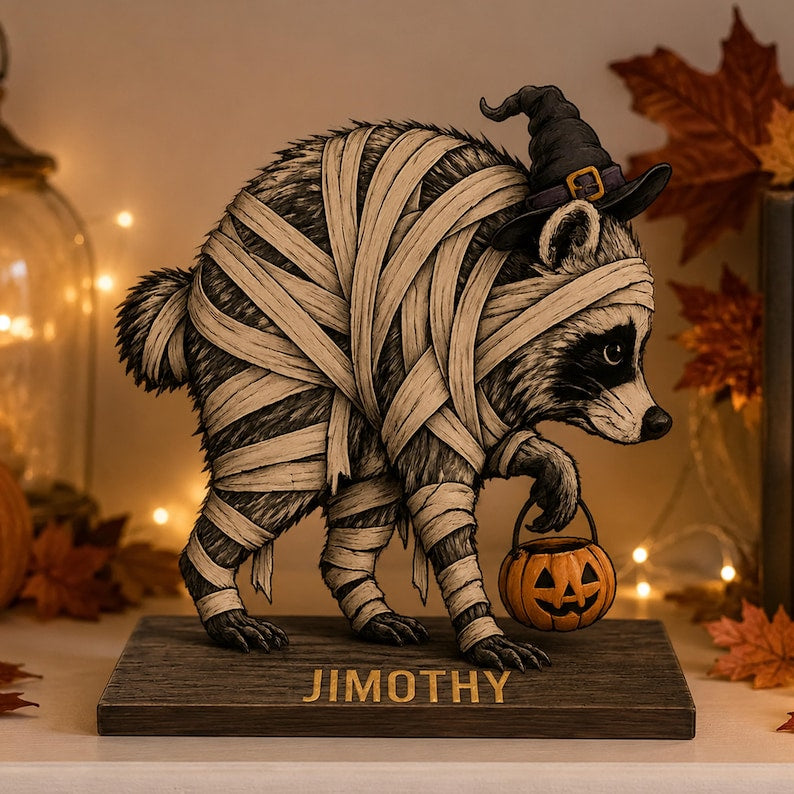 Personalized Jimothy Raccoon Halloween Wood Sign, Seattle Raccoon Desk Decor, Viral Raccoon Meme Gift