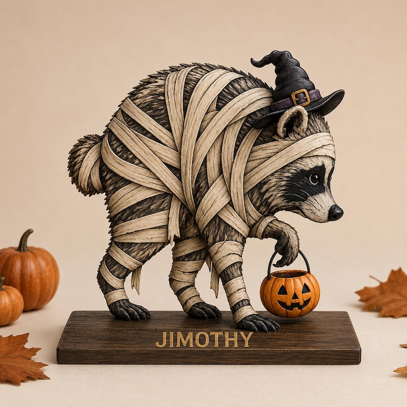 Personalized Jimothy Raccoon Halloween Wood Sign, Seattle Raccoon Desk Decor, Viral Raccoon Meme Gift