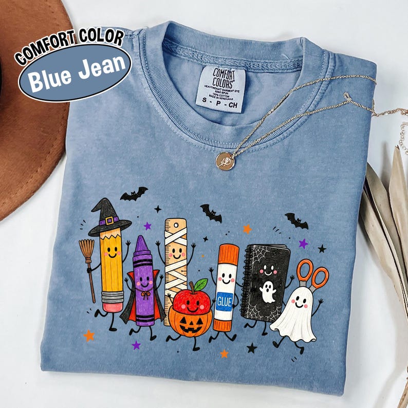 Comfort Colors Halloween Teacher Shirt, Spooky School Supplies Graphic Tee, Cute Ghost Classroom T-Shirt