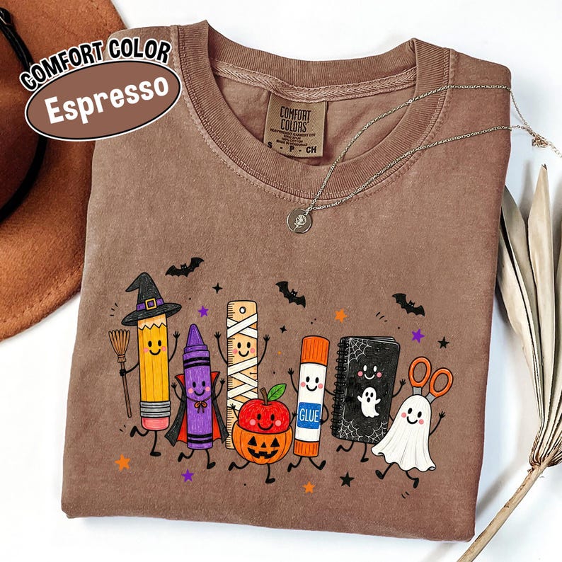 Comfort Colors Halloween Teacher Shirt, Spooky School Supplies Graphic Tee, Cute Ghost Classroom T-Shirt