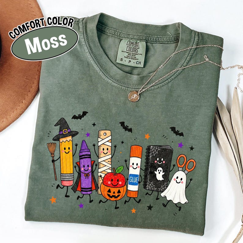 Comfort Colors Halloween Teacher Shirt, Spooky School Supplies Graphic Tee, Cute Ghost Classroom T-Shirt