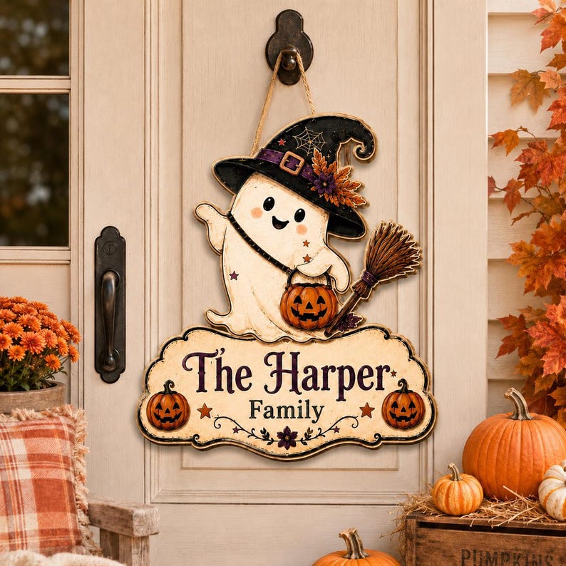 Personalized Halloween Ghost Door Hanger, Custom Family Name Wood Sign Fall Porch Decor Gift