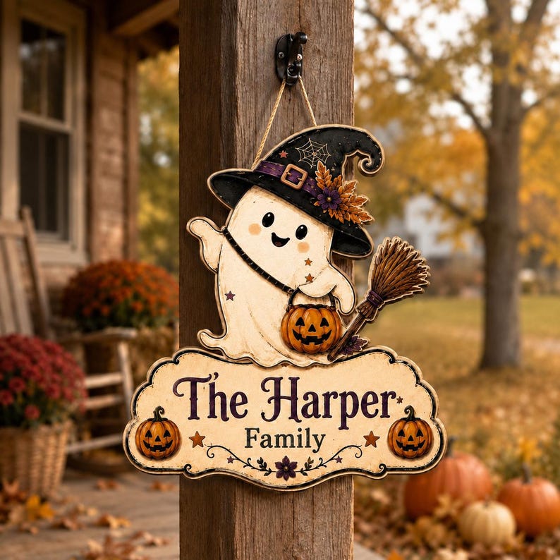 Personalized Halloween Ghost Door Hanger, Custom Family Name Wood Sign Fall Porch Decor Gift