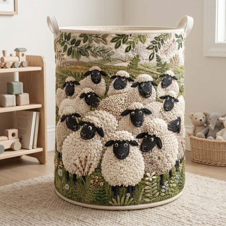 Sheep Field Quilted Laundry Basket, Cute Sheep Clothes Hamper, Country Storage Bin