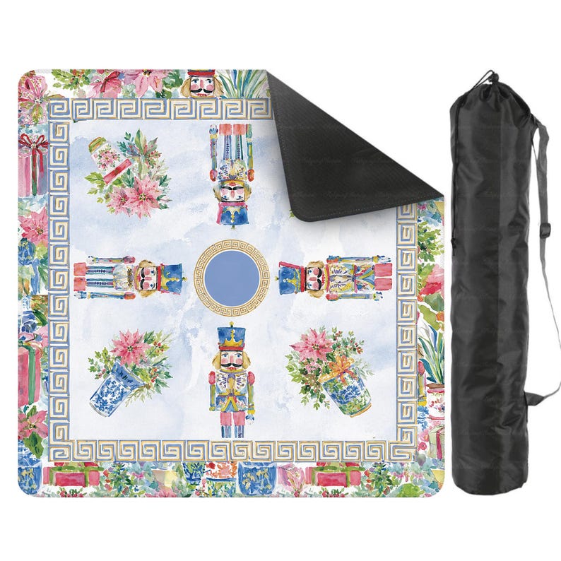 Chinoiserie Christmas Mahjong Mat, Blue White Floral Garden Game Mat, Nutcracker Soldier Design