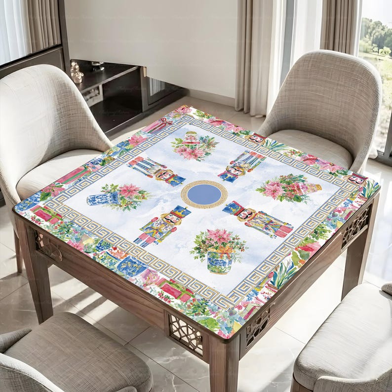 Chinoiserie Christmas Mahjong Mat, Blue White Floral Garden Game Mat, Nutcracker Soldier Design
