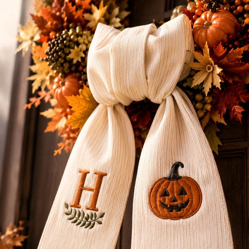 Personalized Fall Wreath Sash, Halloween Pumpkin Door Bow, Custom Monogram Wreath Belt, Autumn Front Door Decor