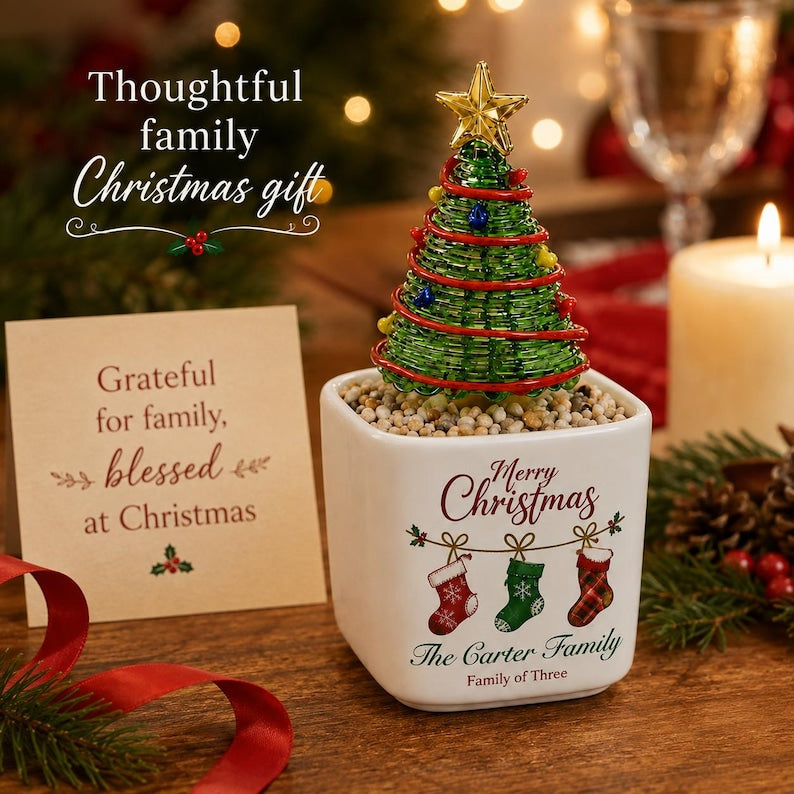 Personalized Mini Glass Christmas Tree in Ceramic Pot, Custom Family Name Holiday Tabletop Decor