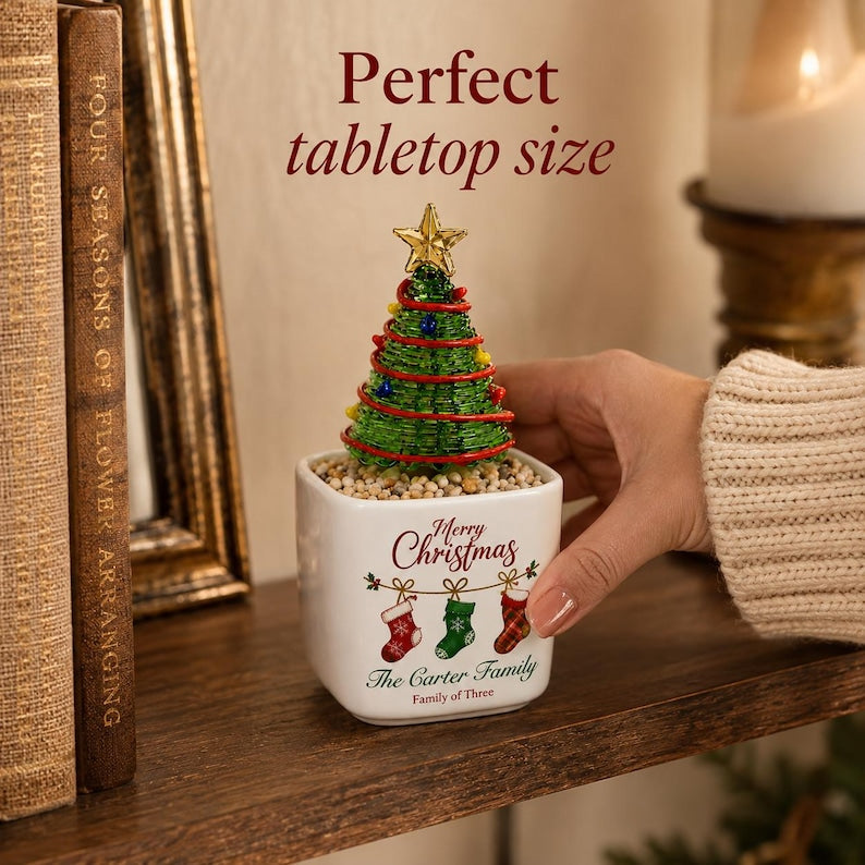 Personalized Mini Glass Christmas Tree in Ceramic Pot, Custom Family Name Holiday Tabletop Decor