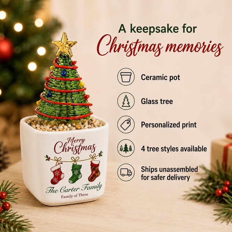 Personalized Mini Glass Christmas Tree in Ceramic Pot, Custom Family Name Holiday Tabletop Decor