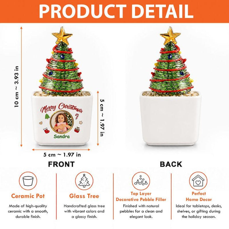 Personalized Mini Glass Christmas Tree in Ceramic Pot, Custom Family Name Holiday Tabletop Decor