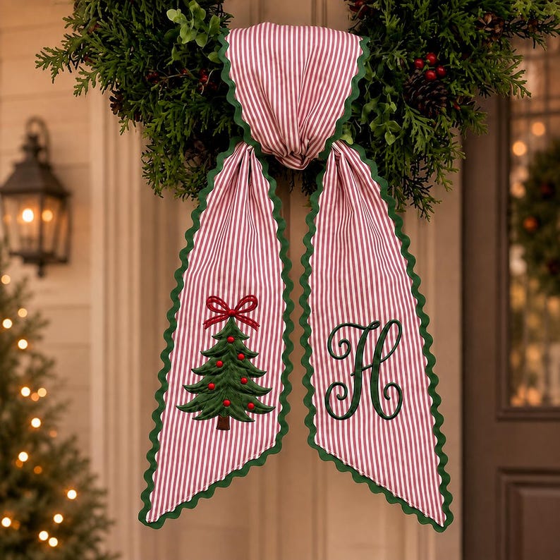 Personalized Christmas Wreath Sash, Embroidered Monogram Tree Bow, Red Ticking Stripe Porch Decor