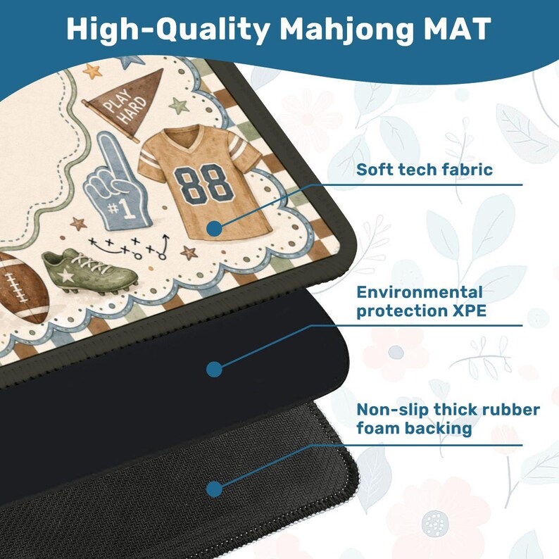 Vintage Bow Football Mahjong Mat, Blue Brown Game Day Table Cover, American Mahjong Playmat
