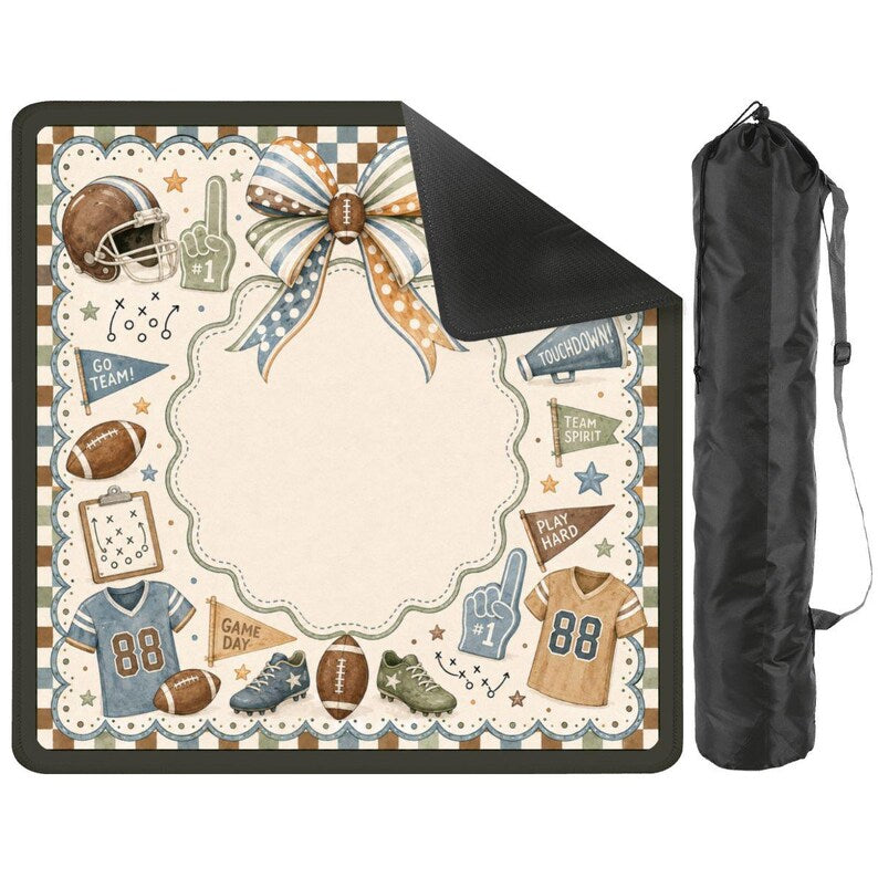 Vintage Bow Football Mahjong Mat, Blue Brown Game Day Table Cover, American Mahjong Playmat