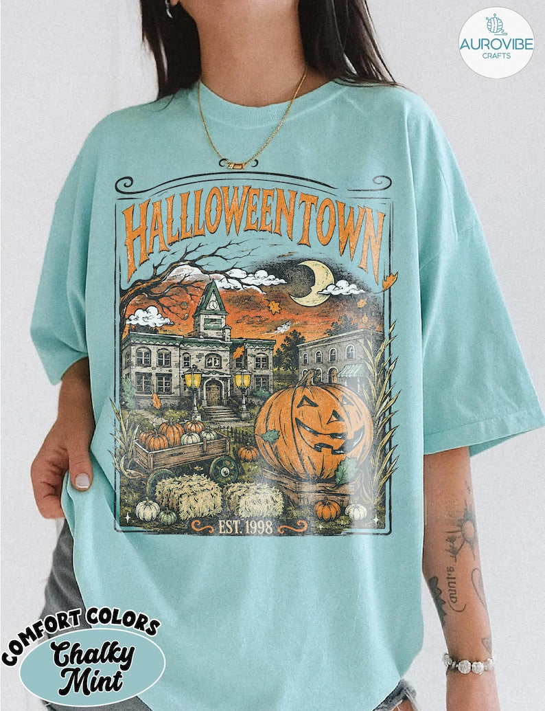 Comfort Colors Halloween Town T-shirt, Vintage University Tee, Trick or Treat Halloween Graphic Tee Women, Retro Pumpkin Season