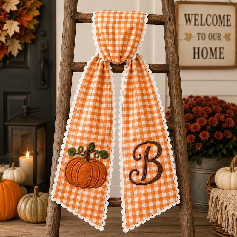 Personalized Fall Wreath Sash, Custom Monogram Gingham Door Bow Thanksgiving Front Door Decor