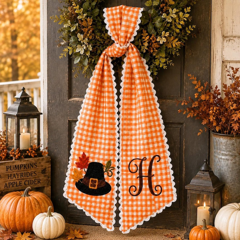 Personalized Fall Wreath Sash, Custom Monogram Gingham Door Bow Thanksgiving Front Door Decor