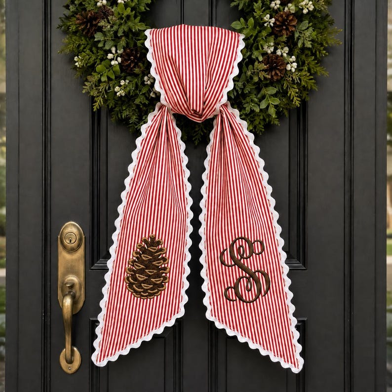 Personalized Pinecone Wreath Sash, Sage Stripe Monogram Door Bow, Embroidered Christmas and Winter Front Door Decor