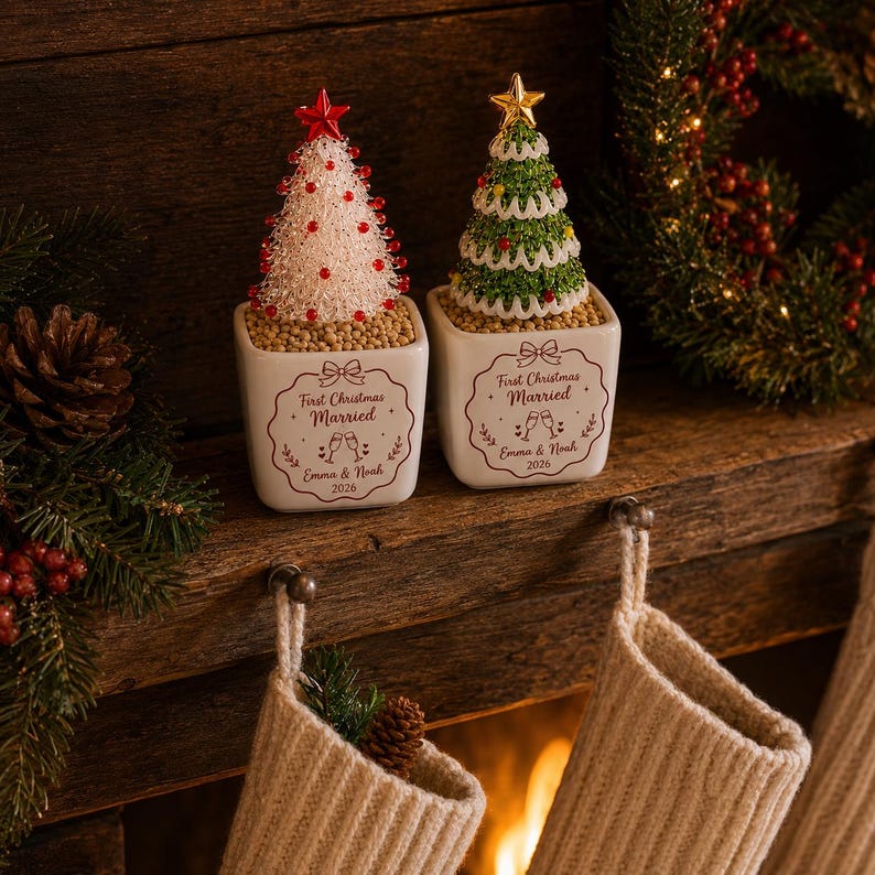 Personalized Couple Christmas Gift, Custom Glass Christmas Tree Pot, Newlywed Holiday Keepsake