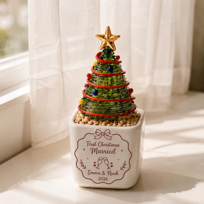 Personalized Couple Christmas Gift, Custom Glass Christmas Tree Pot, Newlywed Holiday Keepsake