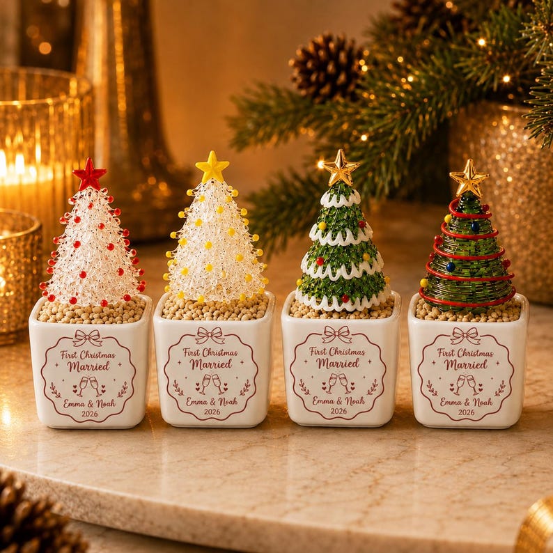 Personalized Couple Christmas Gift, Custom Glass Christmas Tree Pot, Newlywed Holiday Keepsake