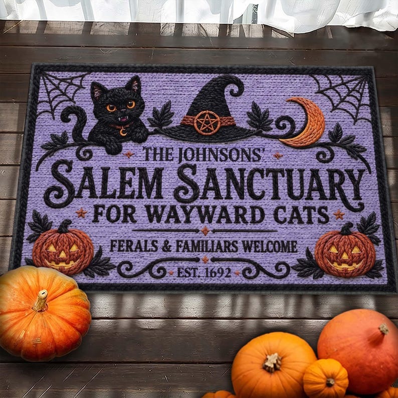 Witch Cat Welcome Mat, Salem Sanctuary Personalized Halloween Coir Doormat, Custom Family Name Wayward Cats Mat