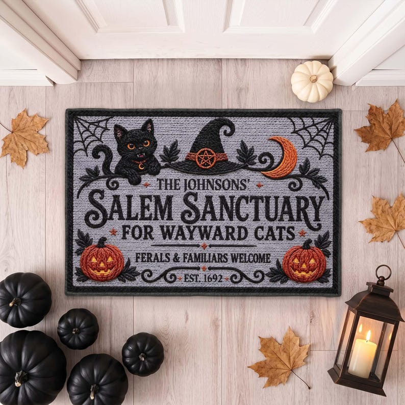 Witch Cat Welcome Mat, Salem Sanctuary Personalized Halloween Coir Doormat, Custom Family Name Wayward Cats Mat