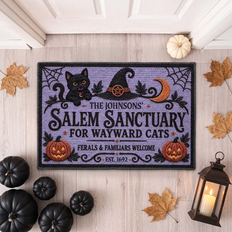Witch Cat Welcome Mat, Salem Sanctuary Personalized Halloween Coir Doormat, Custom Family Name Wayward Cats Mat