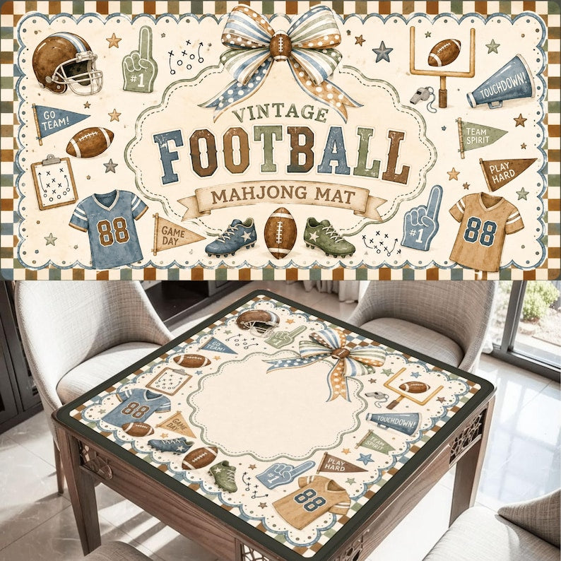 Vintage Bow Football Mahjong Mat, Blue Brown Game Day Table Cover, American Mahjong Playmat