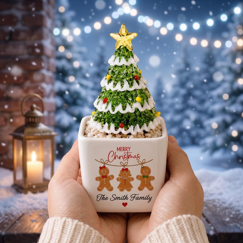 Custom Family Name Glass Christmas Tree in Ceramic Pot, Gingerbread Family Holiday Decor