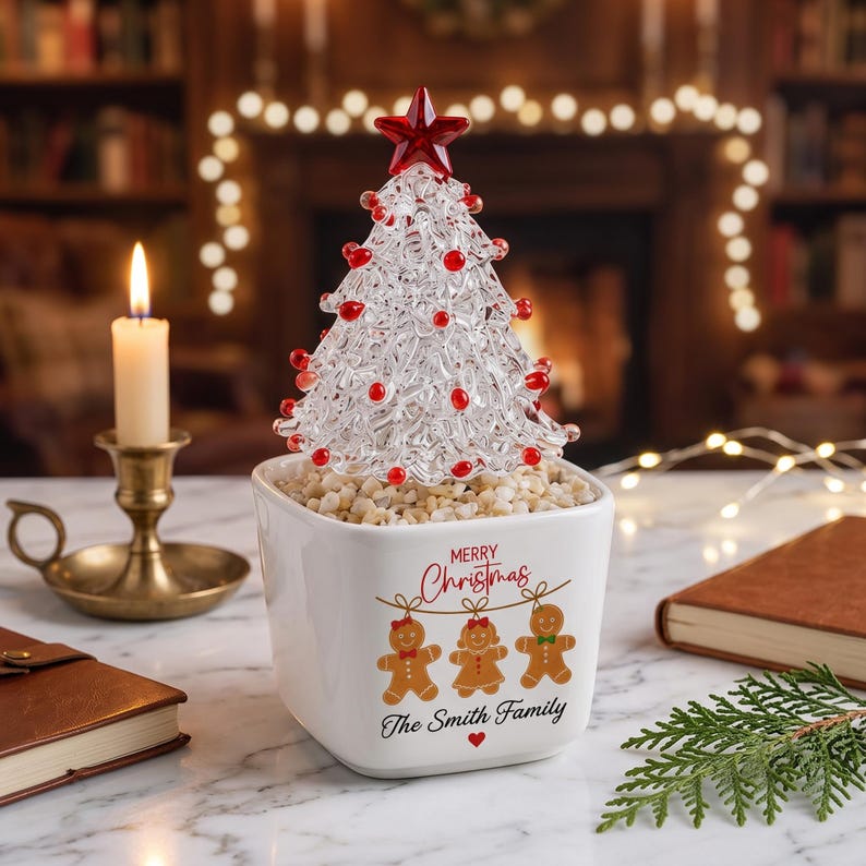 Custom Family Name Glass Christmas Tree in Ceramic Pot, Gingerbread Family Holiday Decor