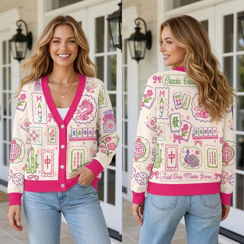 Retro Mahjong Cardigan Wool Sweater, Chinoiserie Tile Pattern Knitwear, Asian Art Game Night Outfit, Aesthetic Pink
