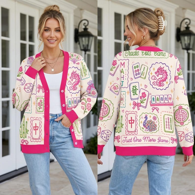 Retro Mahjong Cardigan Wool Sweater, Chinoiserie Tile Pattern Knitwear, Asian Art Game Night Outfit, Aesthetic Pink