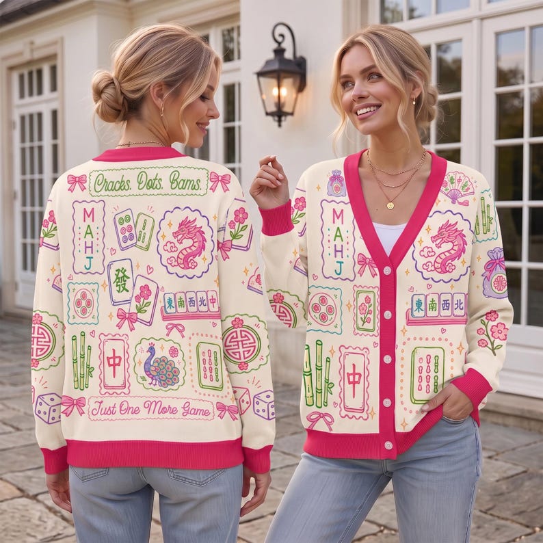 Retro Mahjong Cardigan Wool Sweater, Chinoiserie Tile Pattern Knitwear, Asian Art Game Night Outfit, Aesthetic Pink