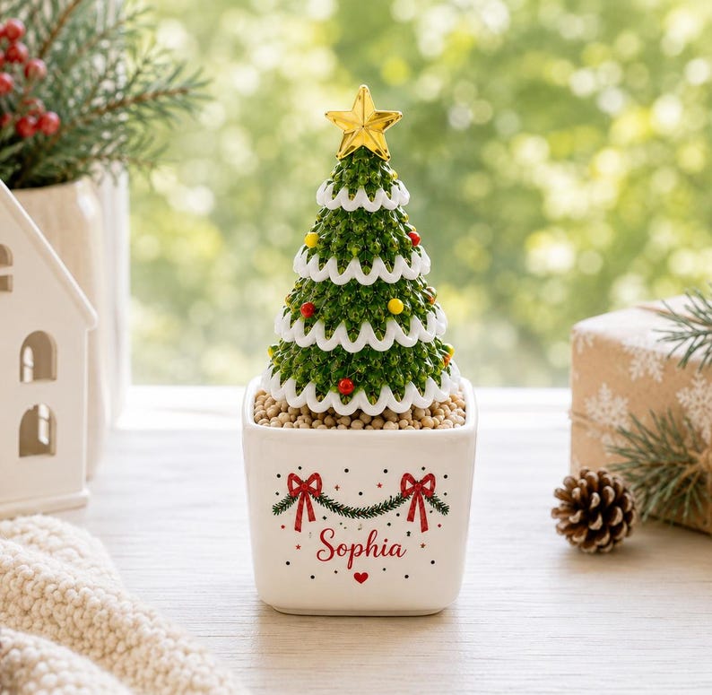 Personalized Glass Christmas Tree in Ceramic Pot, Custom Name Holiday Table Decor, Cute Mini Tree Figurine