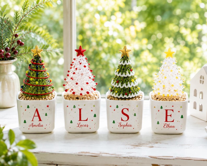 Monogram Glass Christmas Tree in Custom Ceramic Pot, Personalized Initial & Name Holiday Decor, Mini Tabletop Tree