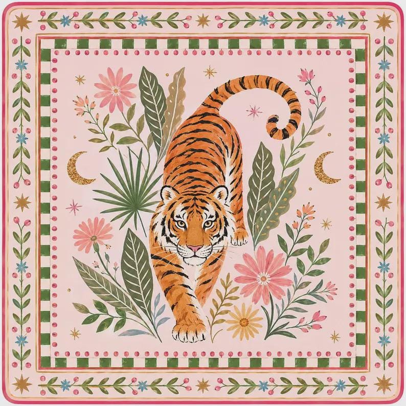 Personalized Tiger Botanical Mahjong Mat, Pink Jungle Game Mat, Cottagecore Gift