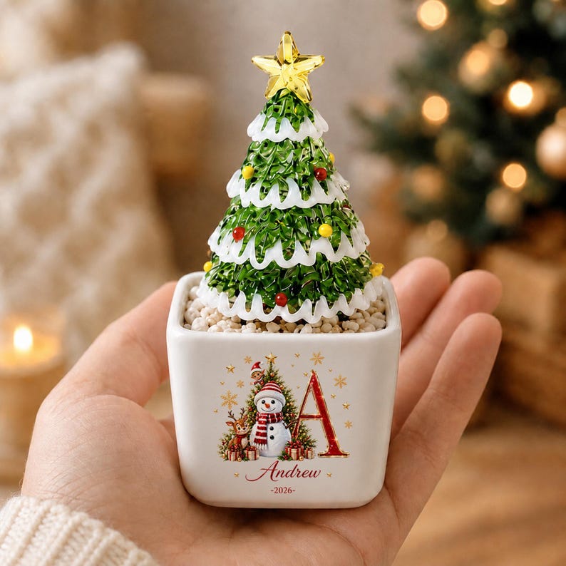Personalized Mini Glass Christmas Tree in Ceramic Pot, Custom Name & Year Tabletop Decor