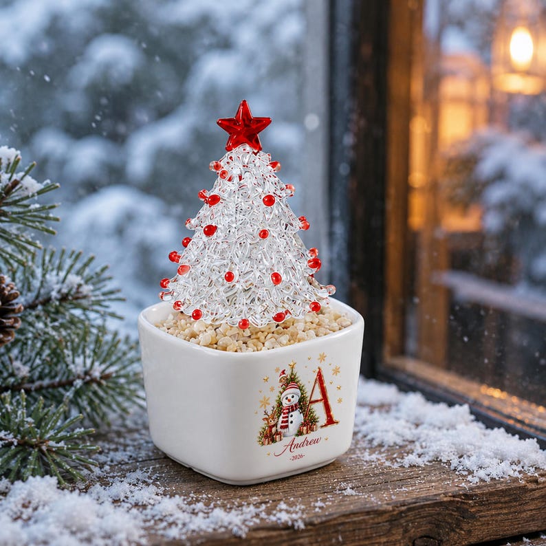 Personalized Mini Glass Christmas Tree in Ceramic Pot, Custom Name & Year Tabletop Decor