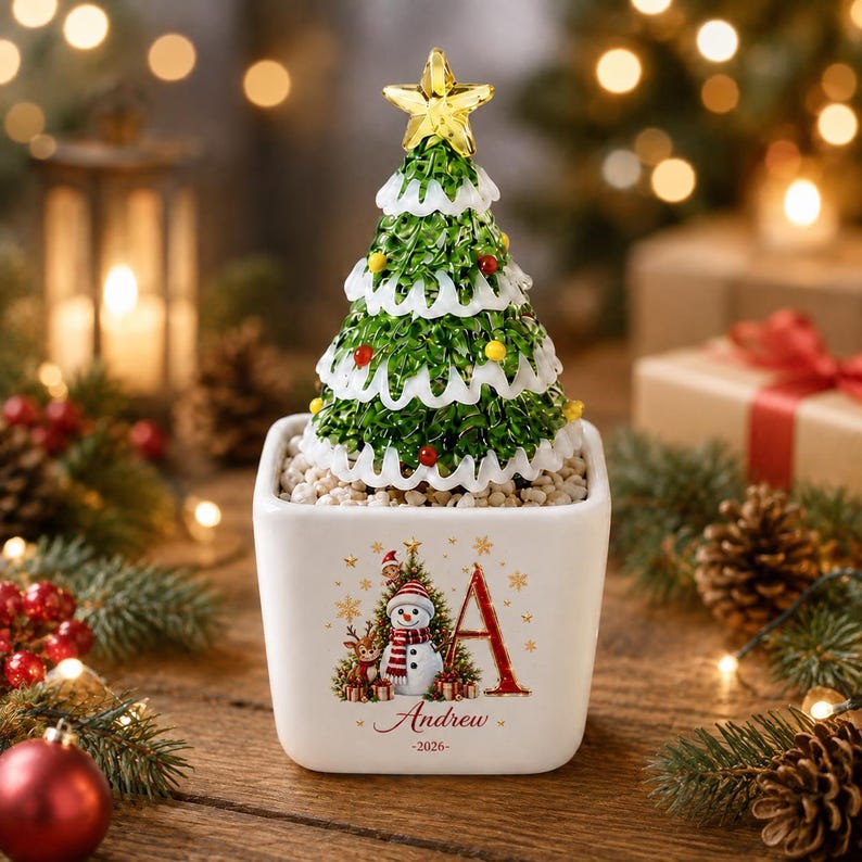 Personalized Mini Glass Christmas Tree in Ceramic Pot, Custom Name & Year Tabletop Decor
