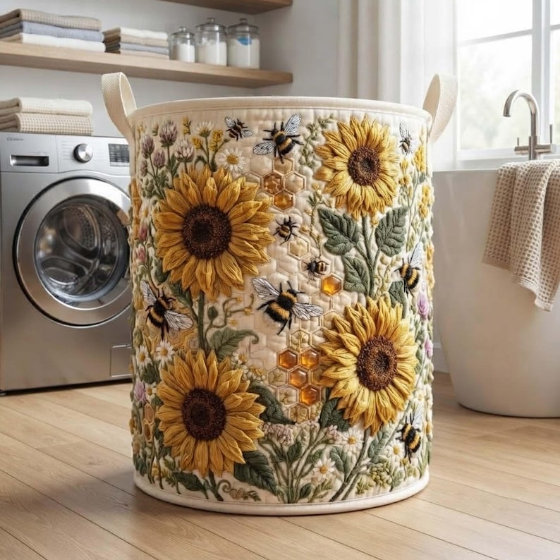Sunflower Quilted Laundry Basket, Botanical Yellow Flower Storage Bin, Quilt Fabric Hamper
