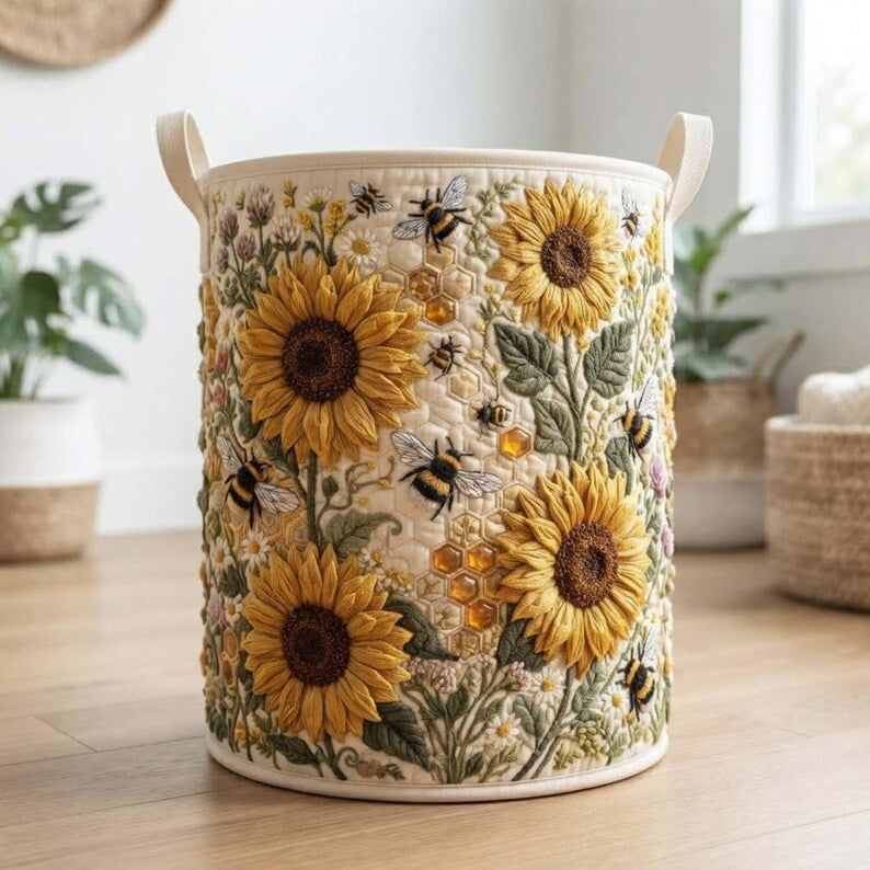 Sunflower Quilted Laundry Basket, Botanical Yellow Flower Storage Bin, Quilt Fabric Hamper