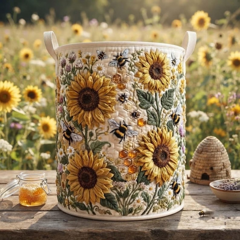 Sunflower Quilted Laundry Basket, Botanical Yellow Flower Storage Bin, Quilt Fabric Hamper